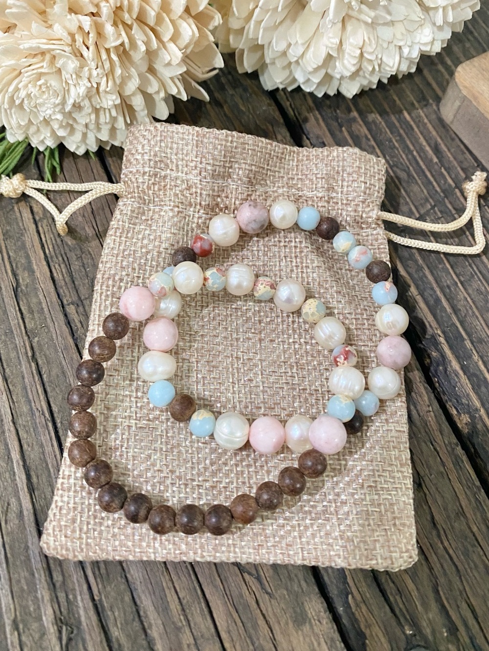 Pastel Gemstone, Pearl & Sandalwood Beaded Bracelet Stack